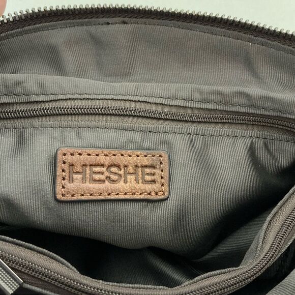 HESHE Brown Leather Shoulder Bag Multi-Pocket Handbag - Picture 6 of 8